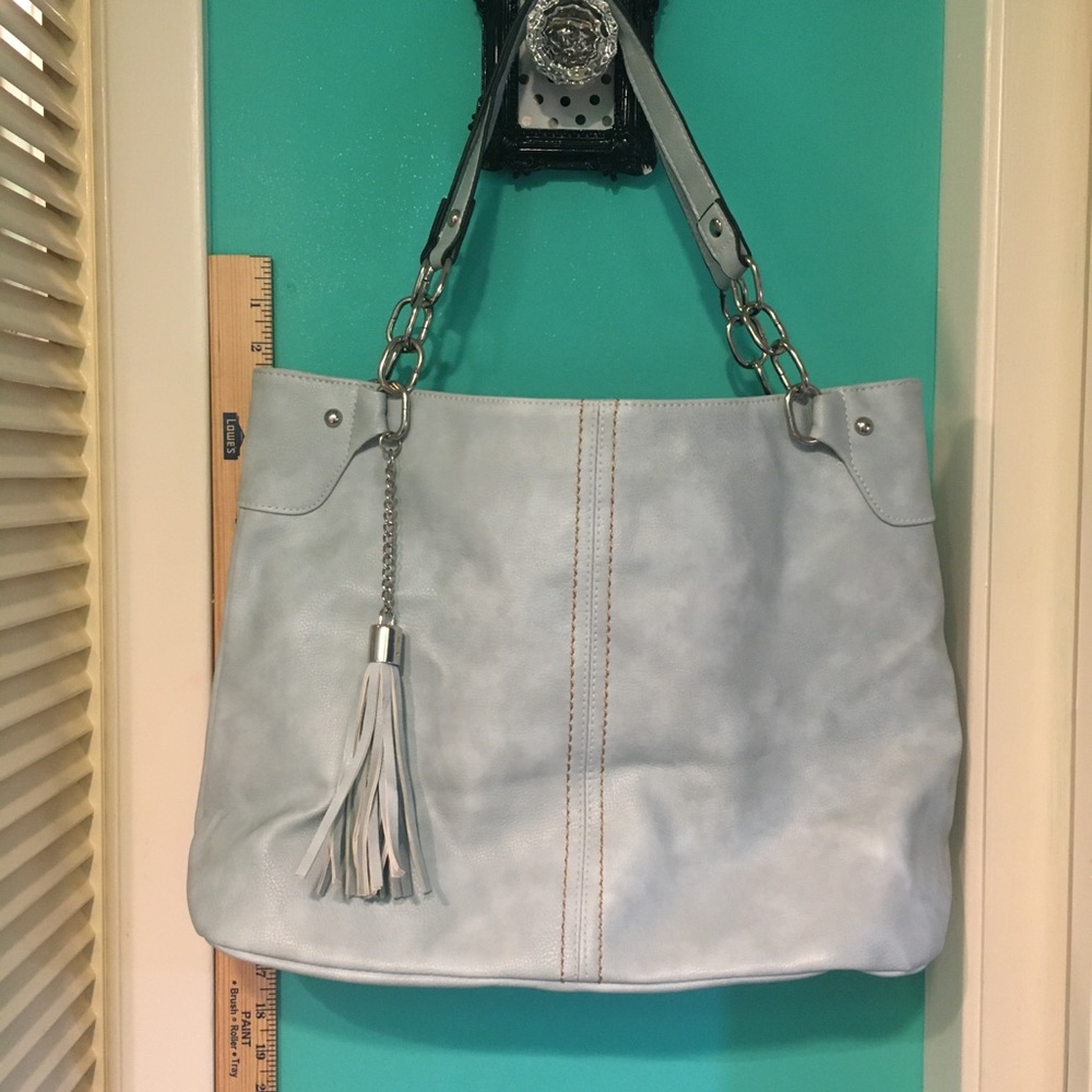 Light blue tote large purse with accents